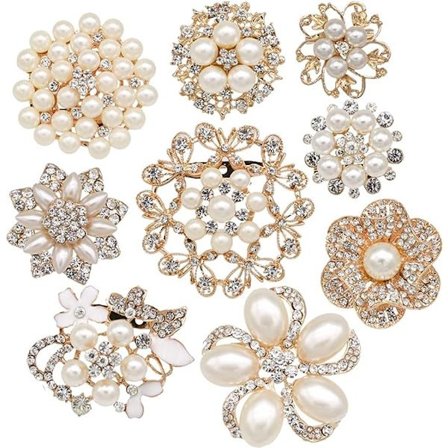9 st Rose Gold-Tone Rhinestone broscher, Stor pärla kristall bröllopsbukett kit