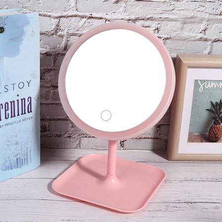 USB-ladbare skrivebords-sminke speil med justerbar LED-belysning, sminkeverktøy, rosa