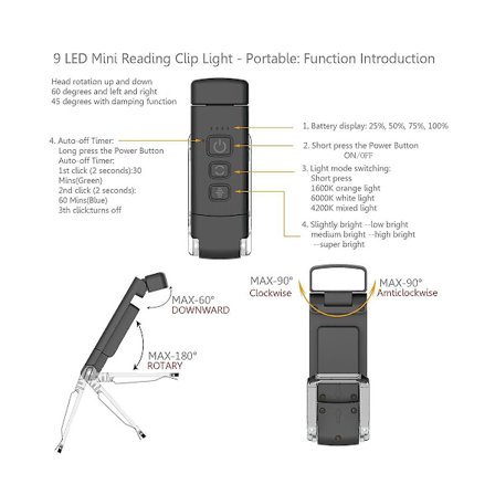 Boklys med timer USB oppladbar leselampe klips-på leselampe bokmerke nattlys bok La