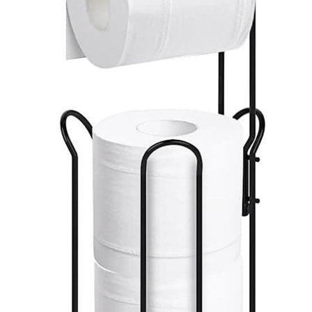 Svart, frittstående toalettpapirholder med 3 ruller og brannsikkerhet