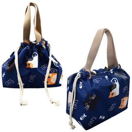 RY-Mini Lunch Tote Pouch Återanvändbar Liten Söt Lunchväska med Dragsko Lämplig för Flickor Kvinnor Katt Blå