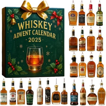 2025 Whiskey Julekalender, Alkohol Julekalender Nedtellingskalender, Ornamenter med Flyboks for Enkel Oppbevaring og Gavegiving