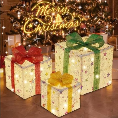 3-delt sett med juledekorasjoner med LED-lys, lysende gaveeske, egnet for innendørs og utendørs bruk, 8 moduser, med fjernkontroll