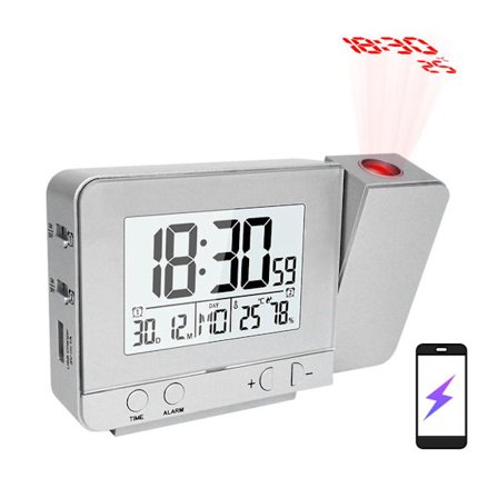 Projeksjonsvekkerklokke for soverom med termometer hygrometer digitalt prosjekt takklokke dimbar LED-skjerm med USB-lader 180roterbar med Dua