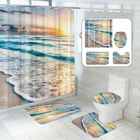Duschdraperi- och matteset med strandmotiv, badrumsdekorset, vattentätt duschdraperi med 12 krokar och 3 toalettmattor