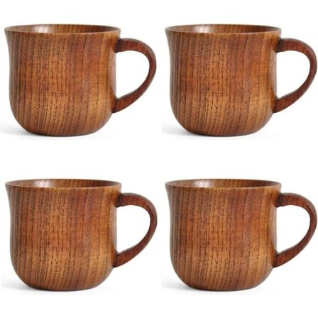 4-pack trämuggar med handtag – 150 ml naturliga drickskoppar i hagtornsträ