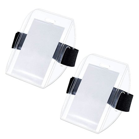 2 kpl käsivarsimerkkipidikkeet, käsivarsinauha, henkilökortin merkkipidikkeet koukku- ja silmukakiinnikkeellä, läpinäkyvät nimikorttipidikkeet