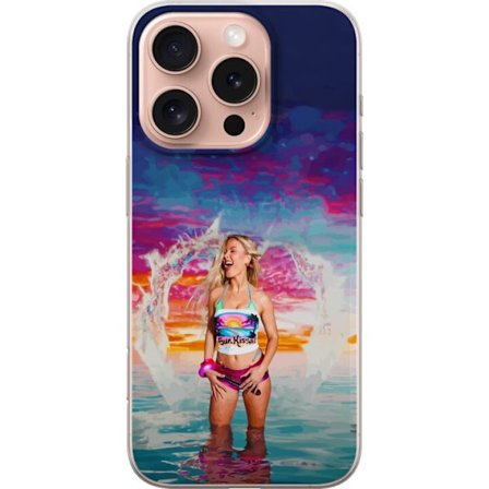 Kompatibel Mobilcover til Apple iPhone 16 Pro Blond kvinde i farverigt strandtøj, der leger i havet ved solnedgang