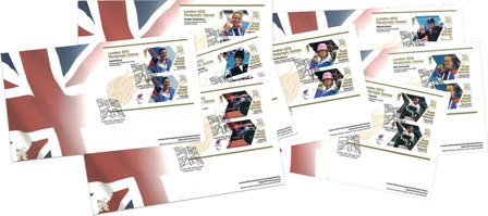 England - Handikap OL London 2012 guldvindere - Sæt med 8 førstedagskuverter med miniark med guldmedaljetagere