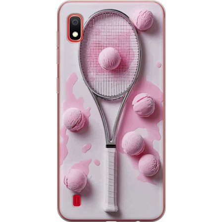 Kompatibel Mobilcover til Samsung Samsung Galaxy A10 Rosa glaskugler og tennisketsjer i et kreativt stillbillede med legende popfølelse og moderne de