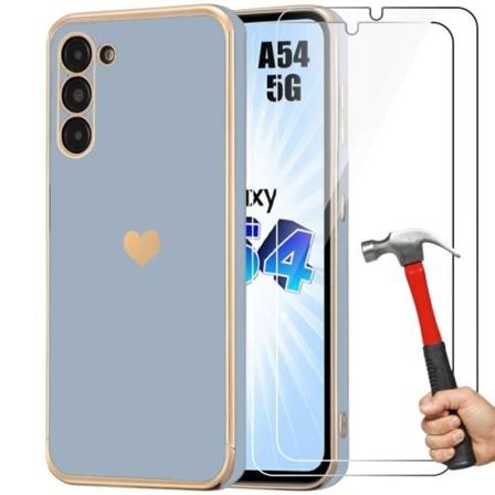 Fodral till Samsung Galaxy A54 5G - Blå - Stötsäker ultratunn silikon med guldhjärta kärleksmönster + 2 härdade glasögon