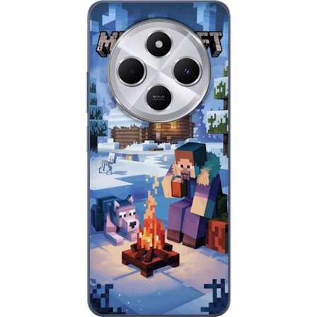 Kompatibelt Mobilskal till Xiaomi Xiaomi Redmi 14C Minecraft vintermotiv med Steve, varg, lägereld och snöig stuga spelinspirerad illustration perfe