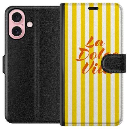 Kompatibelt Plånboksfodral till Apple Apple iPhone 16 La Dolce Vita poster gula-vita ränder italiensk text retro design citat mönster italienskt st