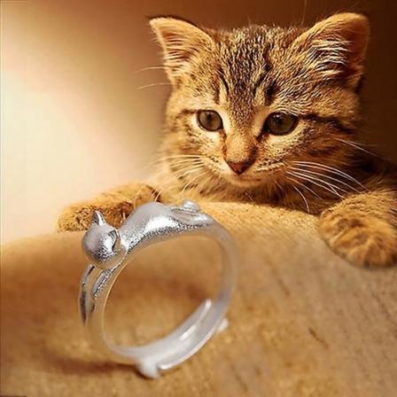 Damemode sød kat Sølvbelagt justerbar åben fingerring julegave