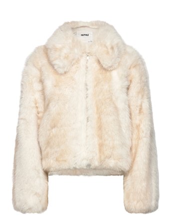 Monki Chunky Zip Faux Fur Jacket - Cream - XL