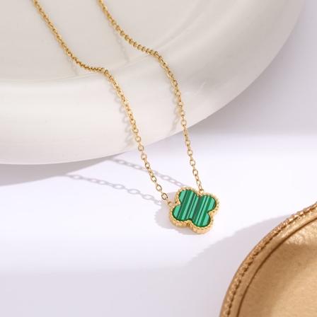 18k guldpläterat rostfritt Lucky Clover Armband, Halsband, Örhängen, Dubbelsidig färg Grön Halsband