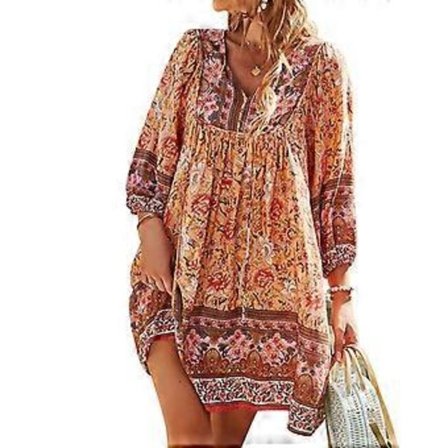 Dam Blommig Klänning 3/4 Lång Ärm Lös Midja V-ringad Casual Kort Klänning för Vardagsbruk