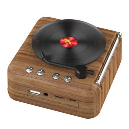 Vinylskiva Bluetooth Högtalare Mini FM Radio HiFi Stereo Retro Fonograf Trådlöst Träkorn Ljud