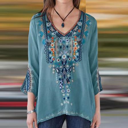 T-shirt Med V-ringad Broderad Tröja För Damer