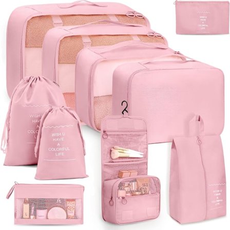 Set med 10 reseorganisatörer, packningskuber, bagageorganisatörer och förvaringsväskor rosa