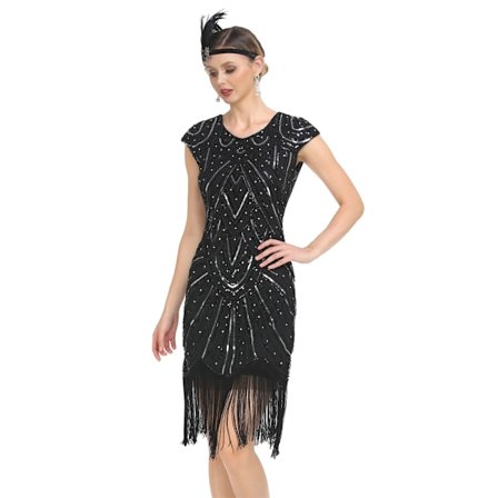 Vintage Flapper Kjole fra 1920'erne til Kvinder Krystalperle-frynset Great Gatsby Kjole Sort