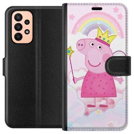 Yhteensopiva Lompakkokotelo Samsung Galaxy A23 Peppa Pig prinsessamotiivi kruunulla, siivillä ja sateenkaarella, satumainen lasten kuvitus pilvitausta