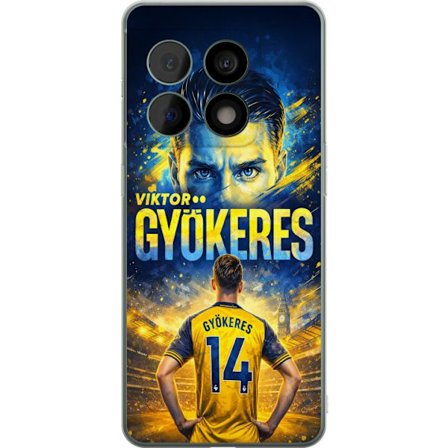 Yhteensopiva Puhelinkuori OnePlus OnePlus 10 Pro Viktor Gyökeres jalkapallojuliste keltaisella ja sinisellä värimaailmalla, dramaattinen stadiontau