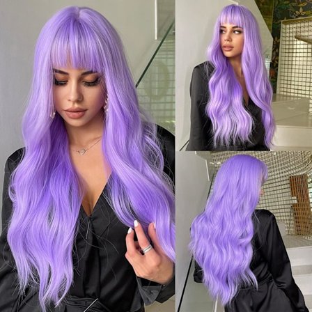 Lång ljuslila peruk med lugg, naturlig lila Lolita lång vågig peruk