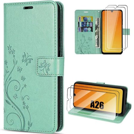 Coque til Samsung Galaxy A26 5G - BOOLING - Syntetisk Læder Blomster Mønster - Grøn - 2 Tempererede Glas