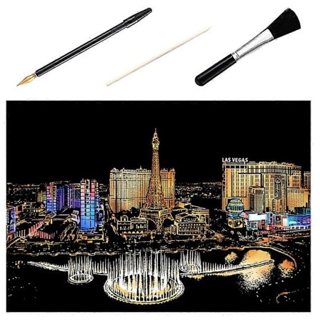 1 sæt med 4 stk DIY Skrabebillede Las Vegas Nocturne Skrab Tegning Maleri Papir Skrabekort med Bambus Pind Guldbelagt Pen Pensel