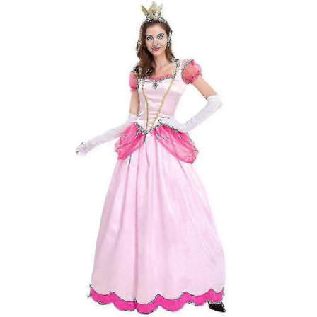 Super Mario Peach Cosplay Kostyme Dame Rosa Prinsesse Kjole + Hansker + Hodeplagg Antrekk Sett Karneval Party
