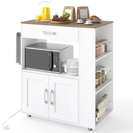 Køkkenvogn med opladningsstation COSTWAY, låsbare hjul, porte, skuffe, krydderiholder, håndklædeholder, hvid