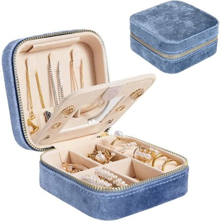 Mini Flannel Smykkeæske (Blå, Smykker Ikke Inkluderet), Bærbar Rejse Smykkeæske, Fløjl Dobbelt Lag Smykkepose Med Spejl, Ring Øreringe Halskæde 