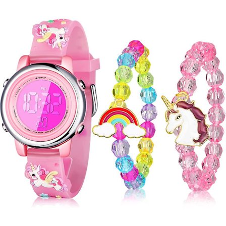 3 deler Enhjørning Klokke Og Enhjørning Armbånd Småbarn Digital Klokke 7 Farge Lys Klokke Med Alarm Stoppeklokke Unicorn Valentinsdag gave For 3-10