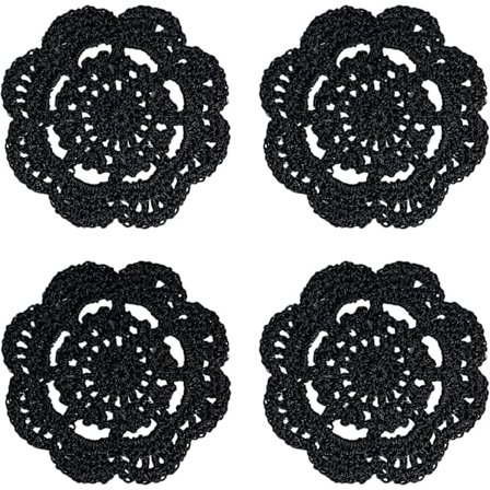 Pitsiset pyöreät virkatut lasinaluset, käsintehdyt, 10 cm, 4 kpl (musta)