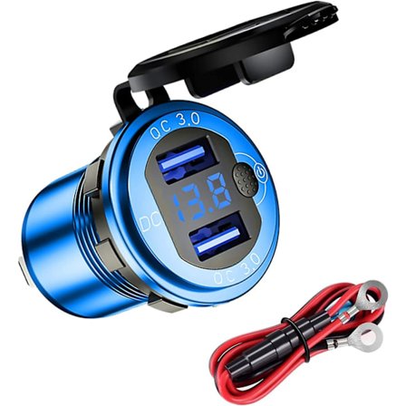 Qc3.0 Vandtæt Motorcykel Bil USB Oplader, 12/24v Aluminium Legering Dobbelt Stik, med Strømafbryder og LED Voltmeter (blå)