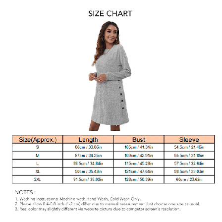 Kvinners kjole midi en del rund hals lang ermet ren farge løs rett for hjemmekontor grå L