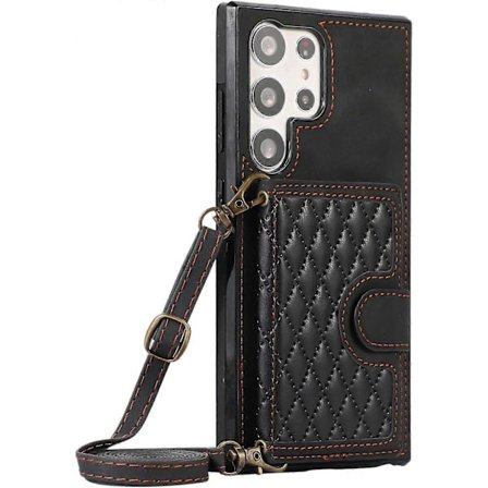 Fodral för Samsung Galaxy S24 Ultra/S24 Plus/S24 Crossbody Korthållare Fodral Läder Snodd Halsrem Dam Plånbok Telefonfodral (förS24 Ultra, Svart) S2