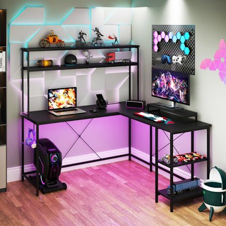 COSTWAY Vinkelskrivbord Reversibelt - RGB-lampor - Eluttag - Monteringsstöd för Skärm & CPU - Svarta Förvaringshyllor