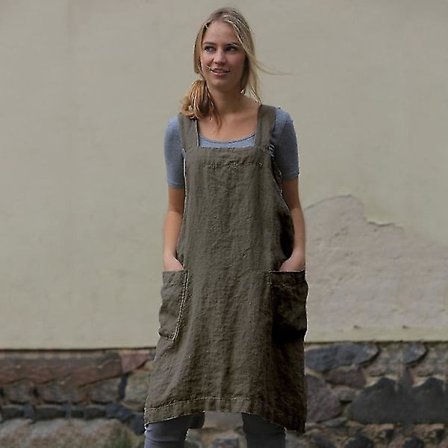 Bomullslinneförkläde Korsryggförkläde för kvinnor med fickor Haklappsklänning Dam bomullslinneförkläde Loungewear Lös