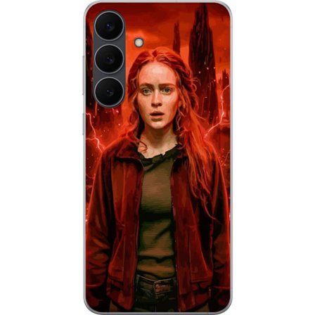 Kompatibelt Mobilskal till Samsung Galaxy S25 FE Porträtt av en ung kvinna med rött hår i en apokalyptisk landskap, röda blixtar och mörka klippf