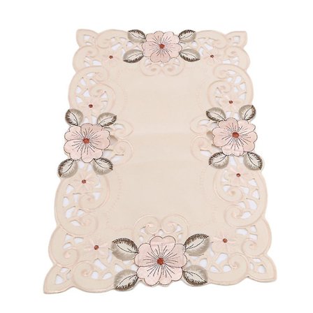 Tapisseri Klassiske Blomster Broderte Blonder Kort Satin Blomster Vaskbar Stoffbordløper Bord Topp Dekorasjon (1 stk, Off-white)