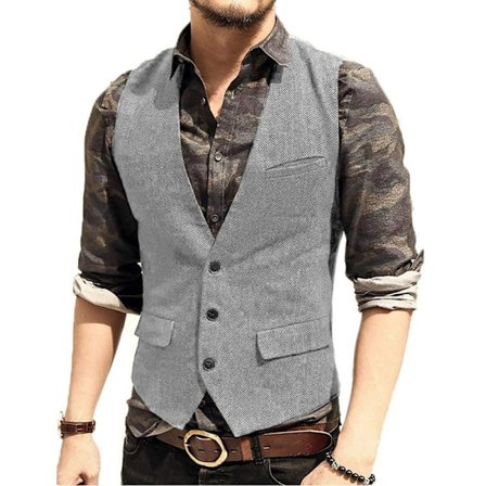 Mænds Herringbone Tweed Ulddragtvest Enkeltbrystet Slank Pasform Vest