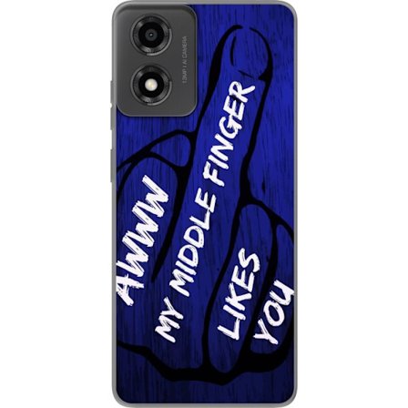 Kompatibelt Mobildeksel til Motorola Moto E14 Mørk typografisk illustrasjon med hjerteform og budskap om vennskap mot dyp blå tretekstur