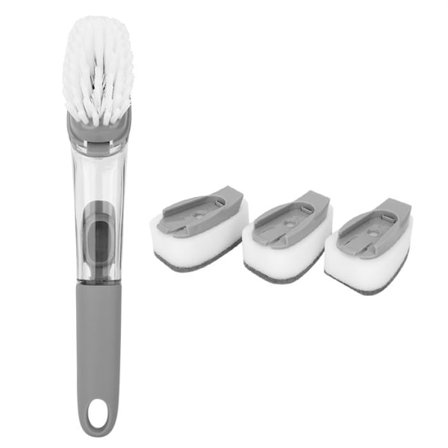 Långt Handtag Flytande Tvål Dispenser Med 3 Svampar, Diskborste För Rengöring Av Grytor Och Pannor