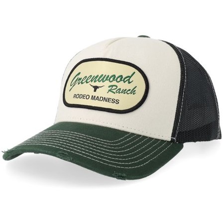 Iconic - Vit trucker Keps - Greenwood Ranch Distressed Off White/Black/Green Pigment Washed A-frame Trucker @ Hatstore