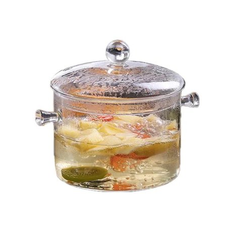 Glasgryde med låg til madlavning i køkkenet, sæt med stegepande med non-stick belægning Transparent