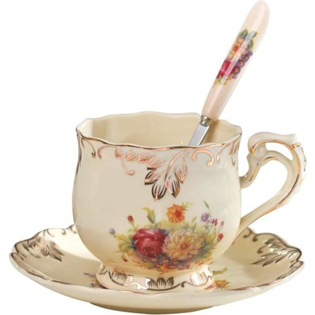 Blommande buskar Kopp och fat set 240 ml, Elfenbensfärgad keramisk blommig tekopp och fat med sked