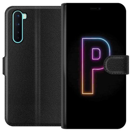 Kompatibel Tegnebogsetui til OnePlus OnePlus Nord Minimalistisk neonbogstav P i farvegradient og lyseffekt mod sort baggrund i digital neonstil