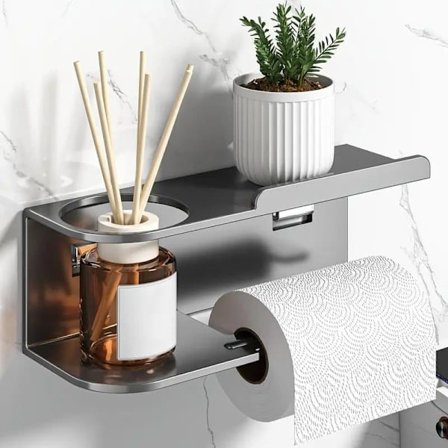 Vægmonteret toiletpapirholder i kulstofstål – selvklæbende opbevaring papirholder med hylde til badeværelse og køkken_TF_TF